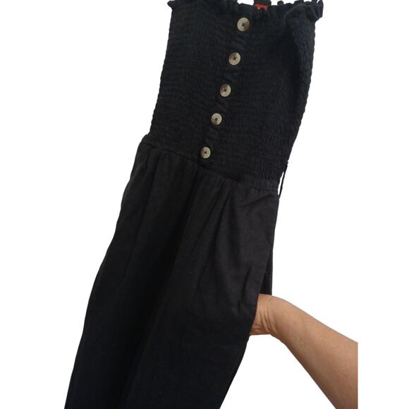 Y2K GUESS Linen Jumpsuit Sz S BLACK Smocked Tube Wide Leg Glam Goth Barbiecore - Picture 6 of 16